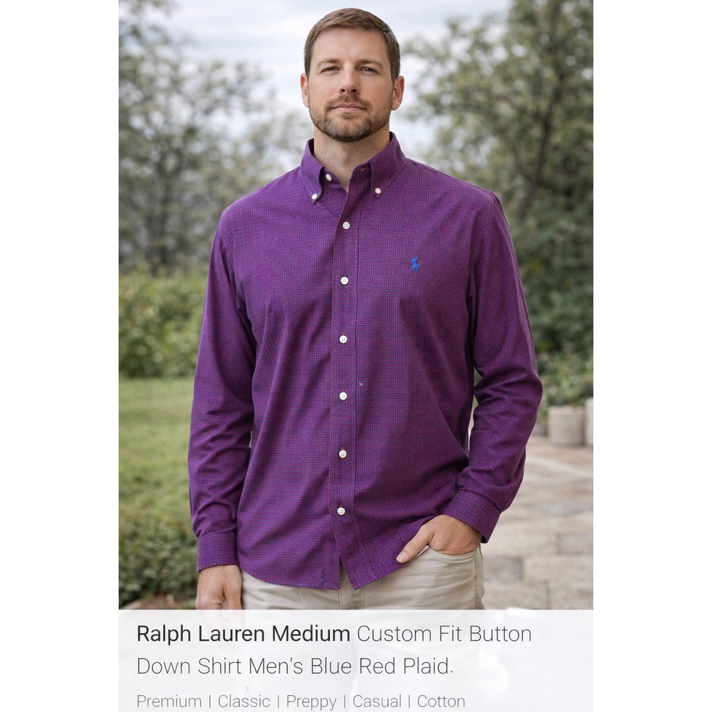 Ralph Lauren Mens Medium Custom Fit Button Down Shirt Blue Red‎ Plaid Cotton